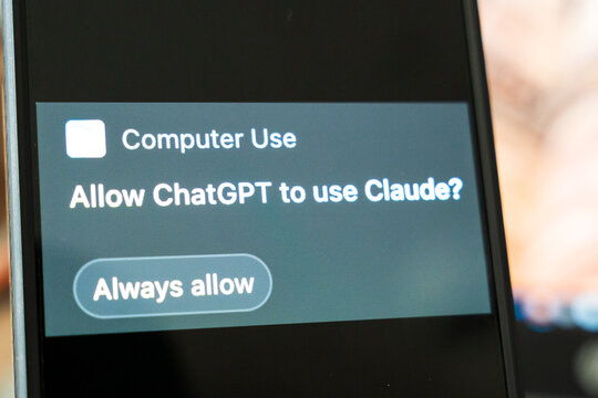 Warsaw, Poland - Oct 2, 2026: Computer Use permission prompt asking Allow ChatGPT to use Claude with an Always allow button on a smartphone screen, request from the OpenAI chatbot to access the Anthr