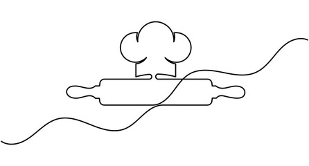 Obraz premium Rolling pin with chef hat continuous one line drawing minimalist kitchen baking editable stroke vector illustration