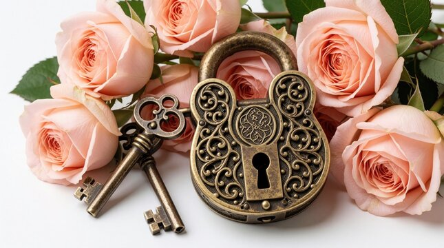 Antique brass padlock with two old metal keys lies among soft pink rose flowers. Ornate vintage lock, keys surrounded by blooming floral arrangement. Romantic symbol of secret love, marriage, hidden