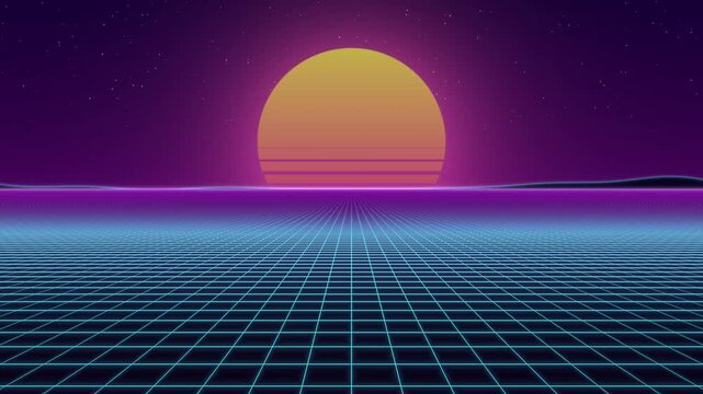 Futuristic synthwave neon grid retrowave wireframe landscape horizon glowing retro sun seamless loop animation