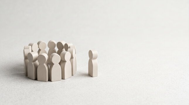 Wooden figurines forming a tight circle with one figure standing apart. Dangerous cult pressure and destructive sect conformity. Psychological manipulation and isolation in social groups.