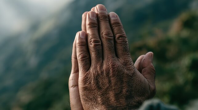 Prayer and Hope: A close-up shot of hands clasped in prayer, conveying a sense of deep faith, reflection, and spiritual connection against a softly blurred natural backdrop.