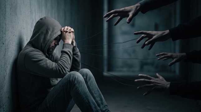 Vulnerable person manipulated by unseen destructive cult leaders pulling strings. Conceptual depiction of dangerous sect psychological control and brainwashing over victims in isolation.