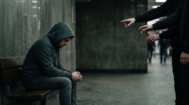 Vulnerable young man sitting alone on a bench while anonymous hands point at him. Symbol of cult pressure and manipulation.