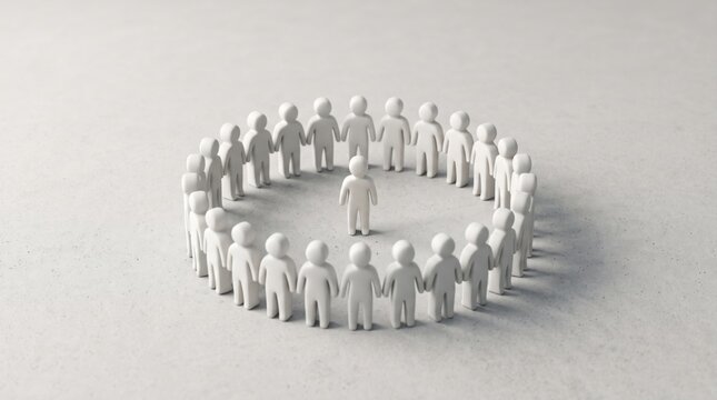 A single human figurine standing isolated in the center of a large closed circle formed by many identical white figures. Symbolic depiction of dangerous cults and destructive sects control.