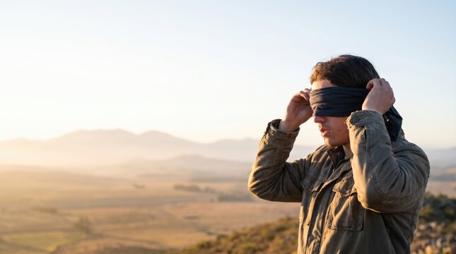 A young man outdoors removing a blindfold from his eyes representing freedom from dangerous cults and manipulative destructive sects. Gaining clarity and breaking away from ideological control.