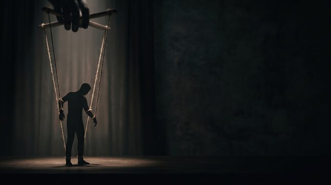 Human puppet controlled by strings in a dark stage. Dangerous cults and mind control concept banner.