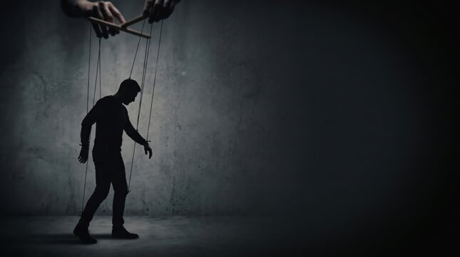 A human silhouette manipulated by invisible puppet strings held by hands above in a dark setting. Dangerous cults and destructive sects concept. Psychological control and toxic manipulation theme.