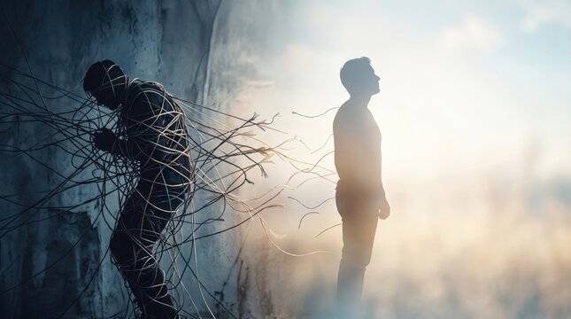Silhouette of a man breaking free from tangled ropes and destructive sect control. Escaping toxic cult influence and mental manipulation. Psychological liberation and personal recovery.