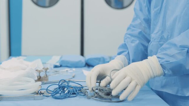 Surgical assistant taking NMT neuromuscular transmission sensor cables from plastic container in operating room