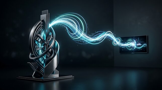 Abstract Metallic Sculpture Transmitting Glowing Data Waves to a Digital Display