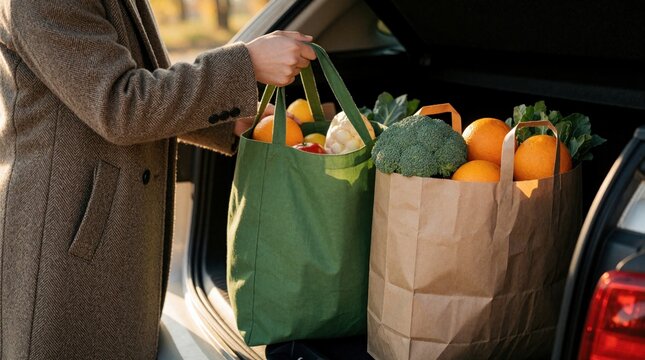 Person puts green reusable bag with groceries into car trunk. Paper bags filled with fresh vegetables, oranges sit in automobile boot. Woman unloads organic food items after supermarket shopping trip