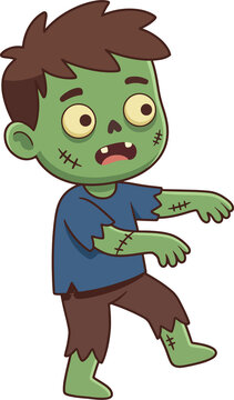 Cute Cartoon Zombie Boy Walking Vector Flat Illustration Halloween Undead Character Isolated   