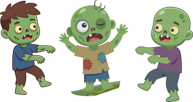 Cute Zombie Kids Group Halloween Vector Flat Illustration Spooky Children Characters Isolated   