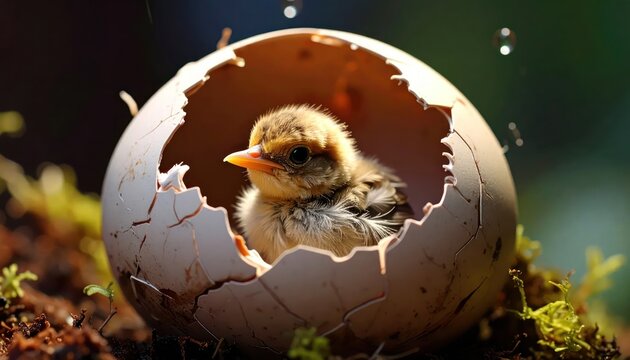 Small chick hatching from a cracked eggshell.