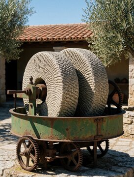 Antique olive oil press with large stone millstones on rusty metal cart. Traditional machinery for grinding olives in Mediterranean farm. Old rustic equipment used for historic oil production in