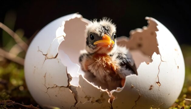 Tiny chick emerging from broken white egg in sunlit nest