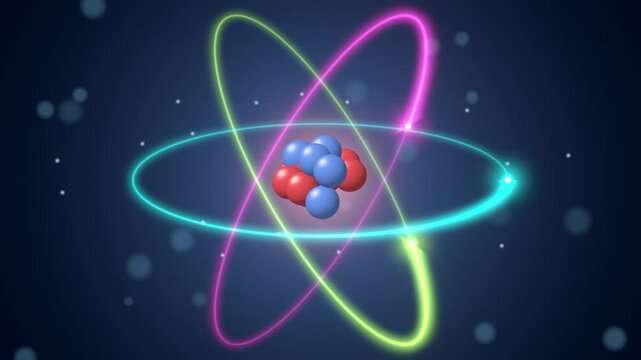 Atom model seamless loop neon electron orbits nucleus protons neutrons physics glowing cyan pink and lime rings circle a red blue core for science education physics lessons and tech intros