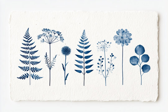 Elegant botanical cyanotype artwork with blue plants on textured handmade paper