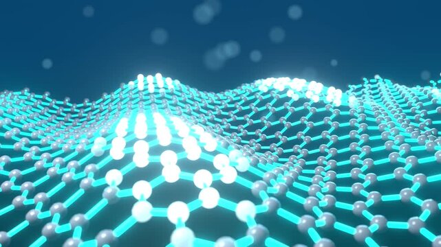 Graphene lattice wave seamless loop hexagonal carbon atoms nanotechnology material science glowing cyan bonds ripple across a molecular sheet for tech intros research promos and science lessons