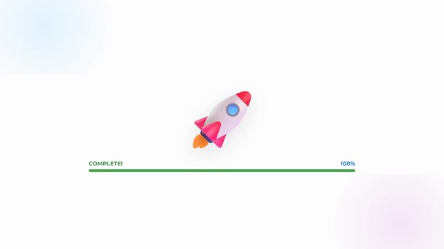 Animated software installation process showing loading progress bar and successful rocket launch completion.