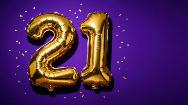 Golden number 21 foil balloons float on purple background. Shiny helium balloons celebrate twenty one years anniversary. Festive party decor with gold confetti for birthday event. Luxury celebration