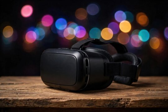 Virtual reality headset on wooden table with bokeh lights background