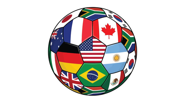 Vibrant soccer ball vector illustration featuring colorful international flags of various countries from around the world together
