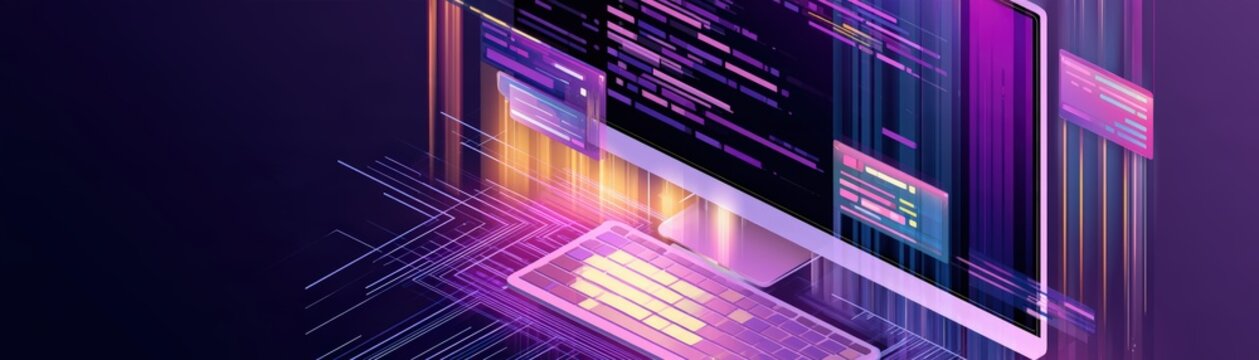 A futuristic digital workspace with holographic code and data streams on a glowing keyboard and monitor in purple and orange tones, AI gadget tech