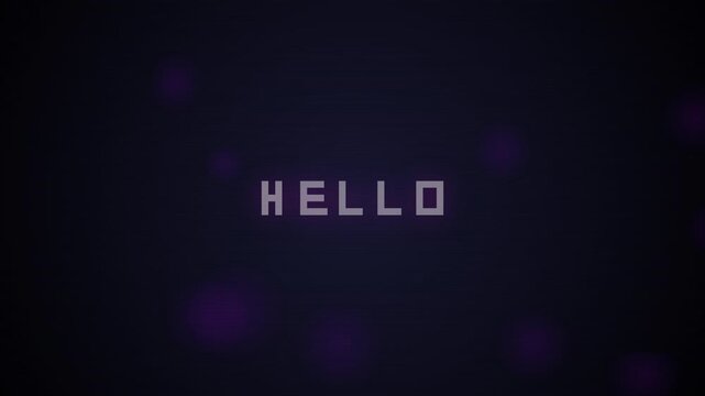 Retro 8 bit pixel art animation of hello greeting text on dark purple background.
