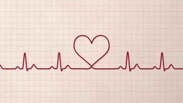 Red thread forms a heartbeat line and a heart on pink ECG graph paper, pulse waves run along the string, cardiology and heart health, seamless loop