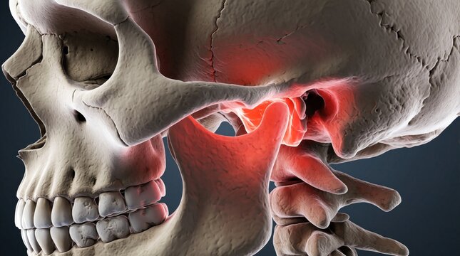 Medical 3d illustration of human skull with red inflamed temporomandibular joint. Close up view shows jaw bone pain, swelling in tmj area. Anatomical model dental problems, arthritis, muscle