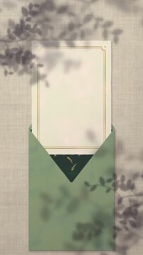 Sage green envelope with a wax seal opens and a blank ivory invitation card with a gold foil border slides out, leaf shadows on linen, vertical video