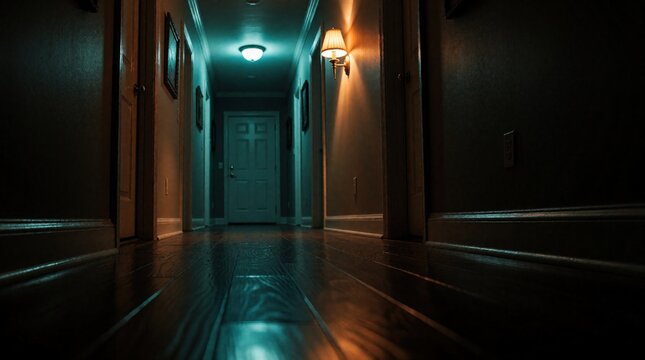 Low angle view of dark residential hallway at night. Dim lights create eerie atmosphere in empty corridor. Mysterious blue, orange glow reflects on wooden floor near closed doors. Suspenseful scene