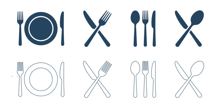 Set of cutlery icons, including fork, knife, spoon, and plate, in solid and outline styles, perfect for restaurant menus and foodrelated designs
