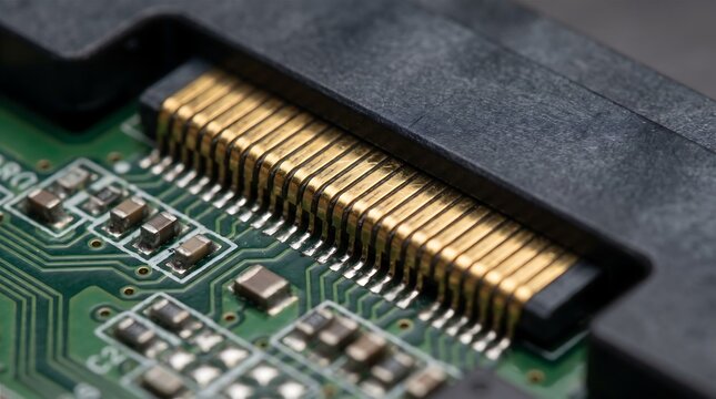 Close-up of ssd hard drive connector on circuit board with gold pins