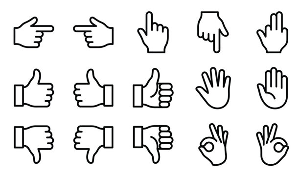 Minimalist hand cursor line icon set, black outline hand gestures collection, click pointer and communication symbols for web ui design