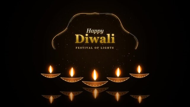 Happy Diwali Greeting Card with Glowing Oil Lamps and Golden Decorative Arch on Black Background