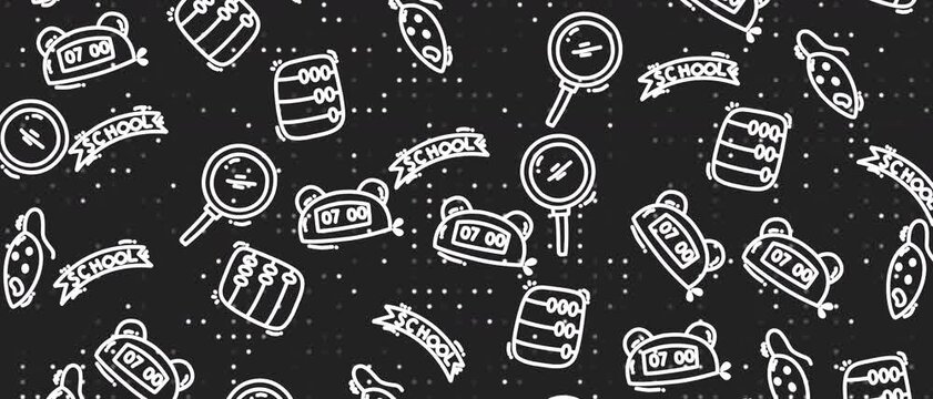 Animated chalkboard pattern featuring hand-drawn school icons like magnifying glasses, alarm clocks, and pencils on a dark background. Ideal for educational content, back-to-school promotions.