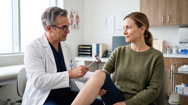 Doctor examining patient with reflex hammer in clinic