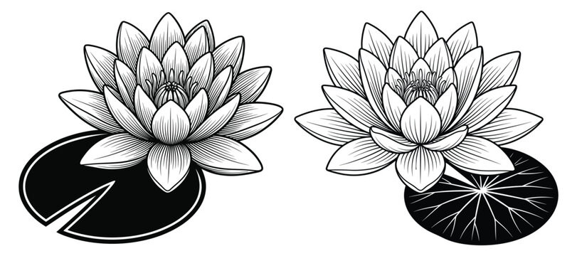 Water lily flowers with lilypad leaves vector illustration outline design set.