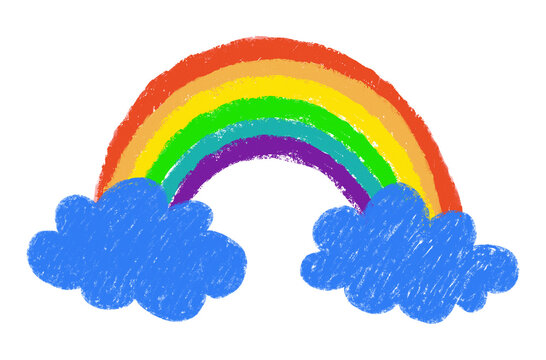 Colorful Rainbow with Blue Clouds in Cheerful Crayon Style Illustration