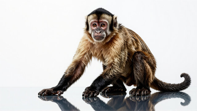 Tufted Capuchin Monkey Sitting on White Background
