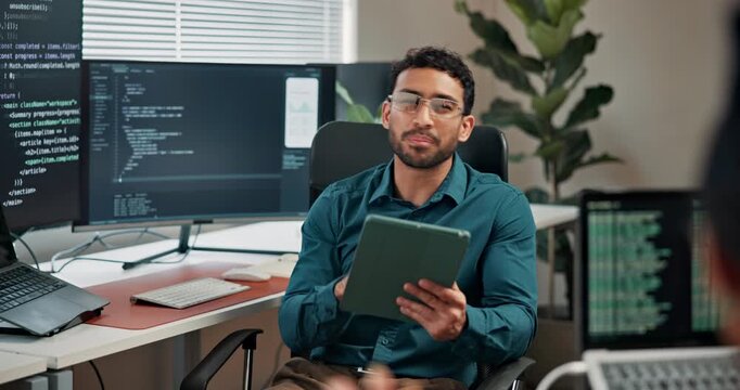Tablet, man or programmer speaking with team for code review, debugging or AI integration feedback. Tech screen, coding discussion or people in office, machine learning models or software development