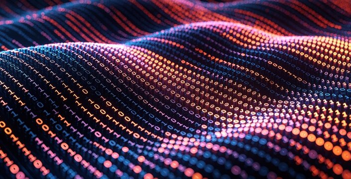 Abstract digital background with glowing binary code waves. Fluorescent numbers 0, 1 flow through dark cyberspace in wavy patterns. High tech data stream shows encryption process, network security,