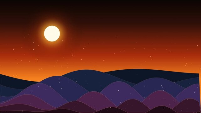 Abstract sunset mountain landscape with rolling hills and glowing sun, minimalist vector illustration background for creative projects