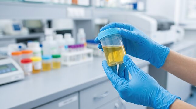 Laboratory technician holding urine sample in plastic container