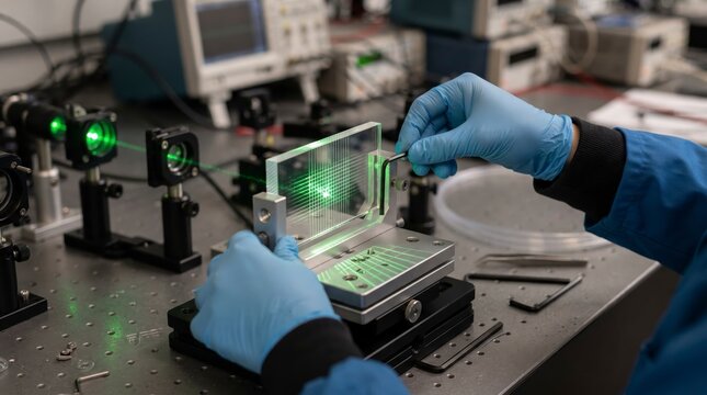 Hands of a scientist in blue gloves precisely adjusting a glass diffraction grating with a green laser beam on an optical table in a research laboratory.