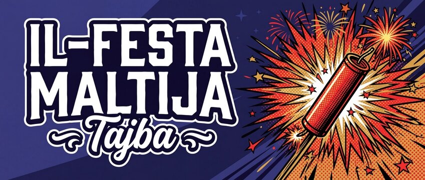 Maltese feast fireworks banner vector illustration with exploding dynamite firecracker in retro comic pop art style for traditional Malta festa summer festival celebration background and header.