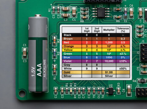 An aaa alkaline battery on green circuit board with resistor color code table.